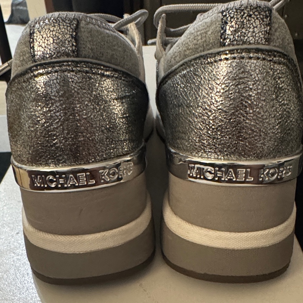 Michael Kors Women's Silver and White Wedge Sneakers - Picture 4 of 5